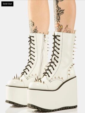 White Spike Lace-Up Platform Boots